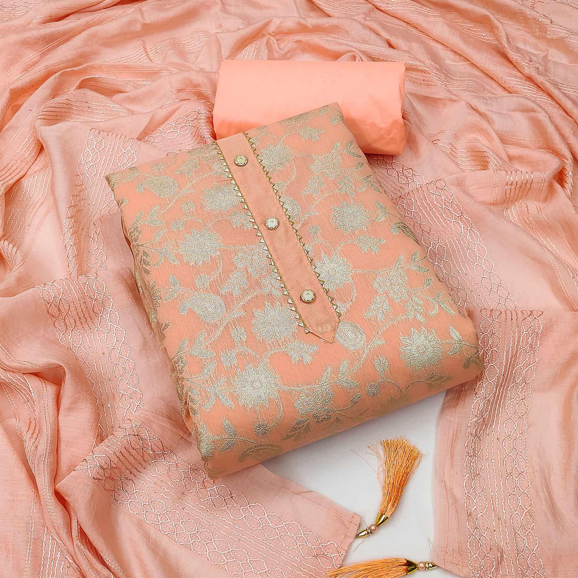 Peach  Woven Jacquard Dress Material - Peachmode