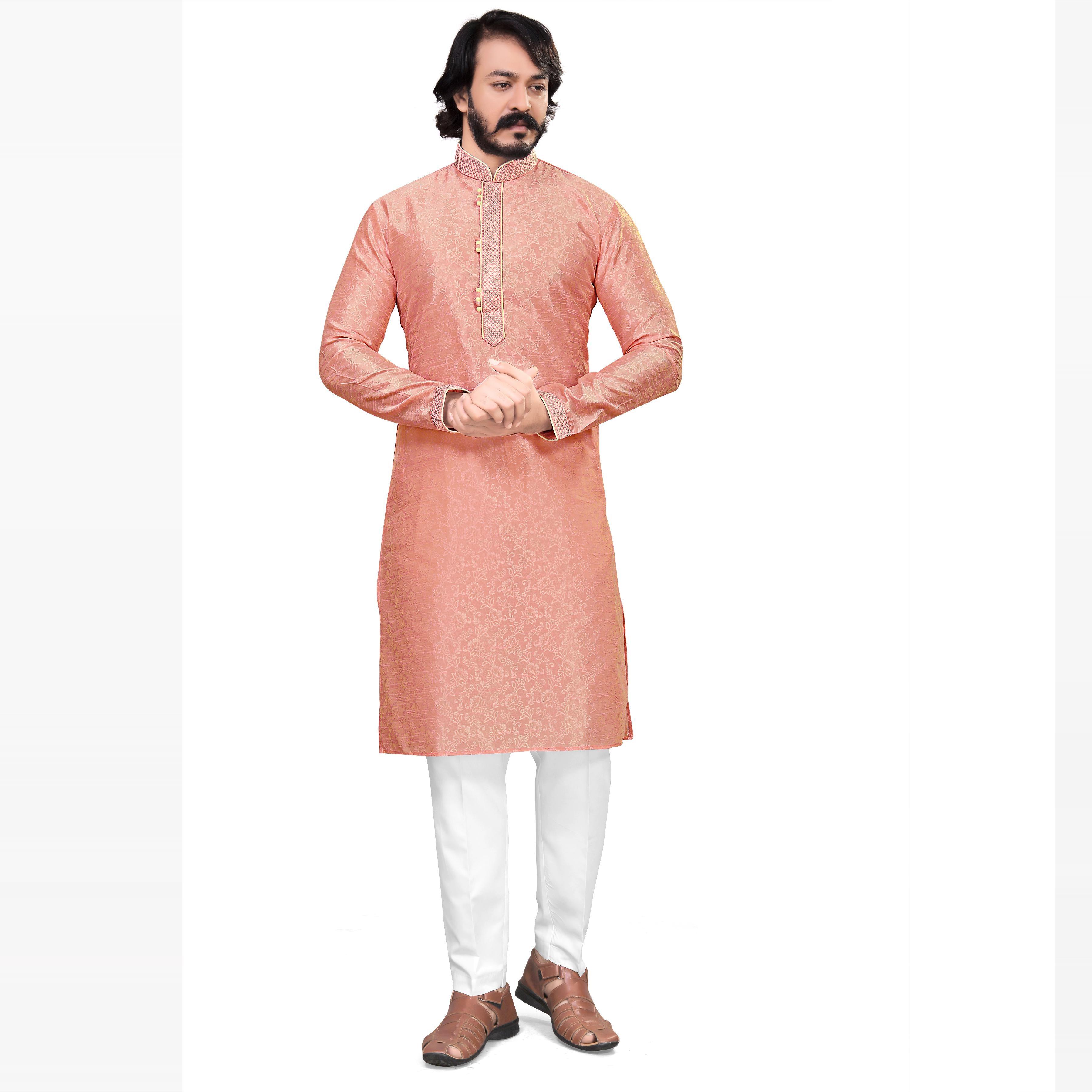 Peach Woven Jacquard Men's Kurta Pyjama Set - Peachmode