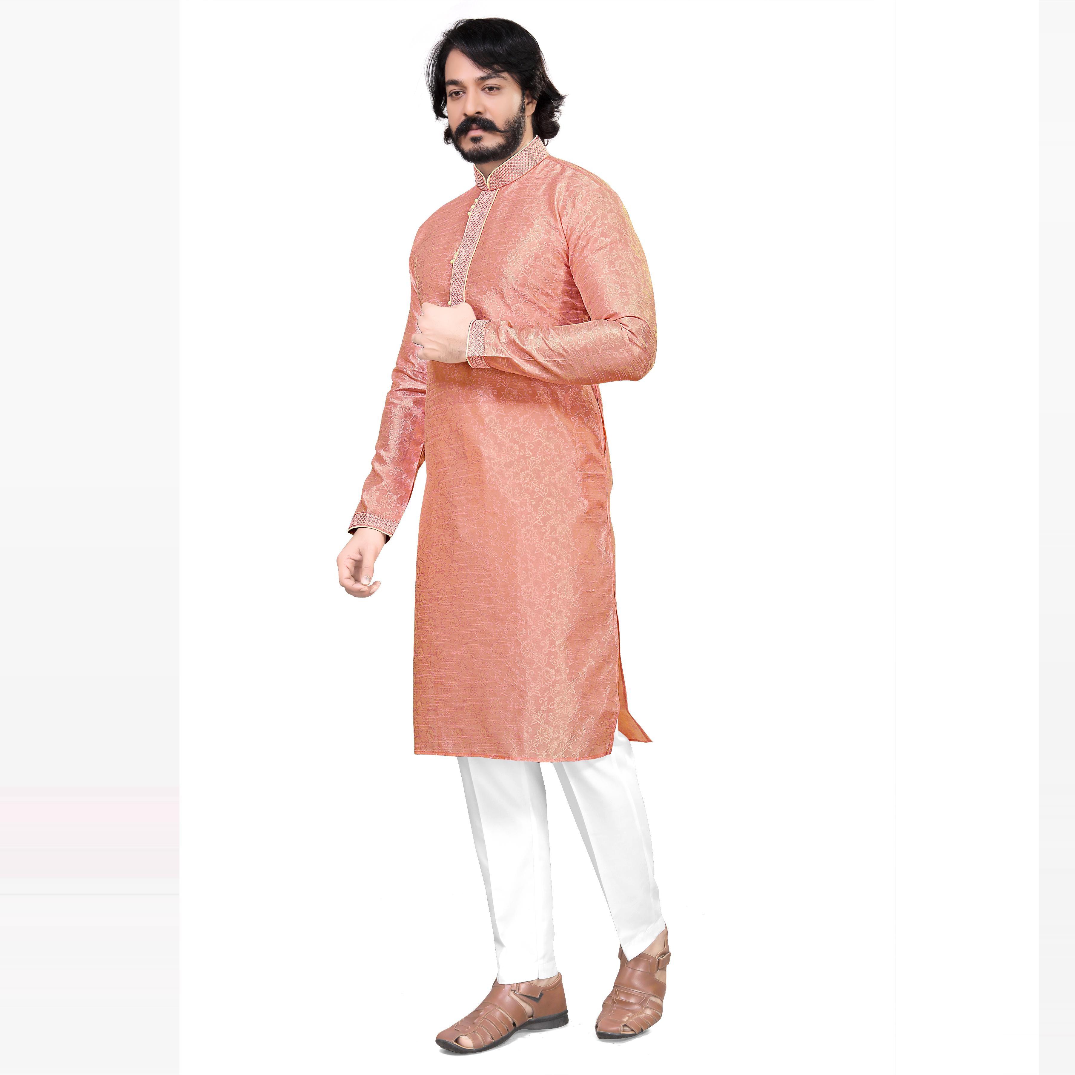 Peach Woven Jacquard Men's Kurta Pyjama Set - Peachmode