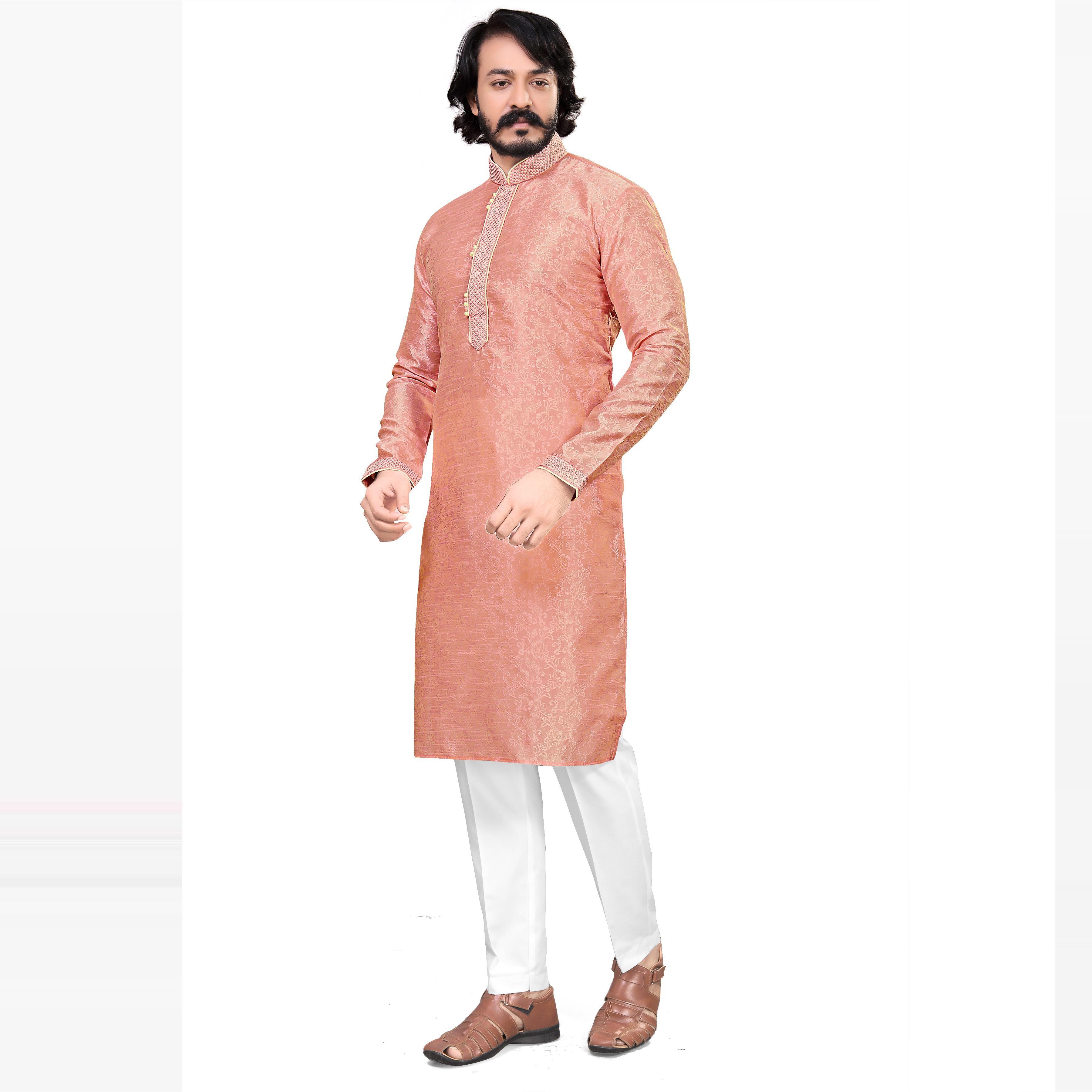 Peach Woven Jacquard Men's Kurta Pyjama Set - Peachmode