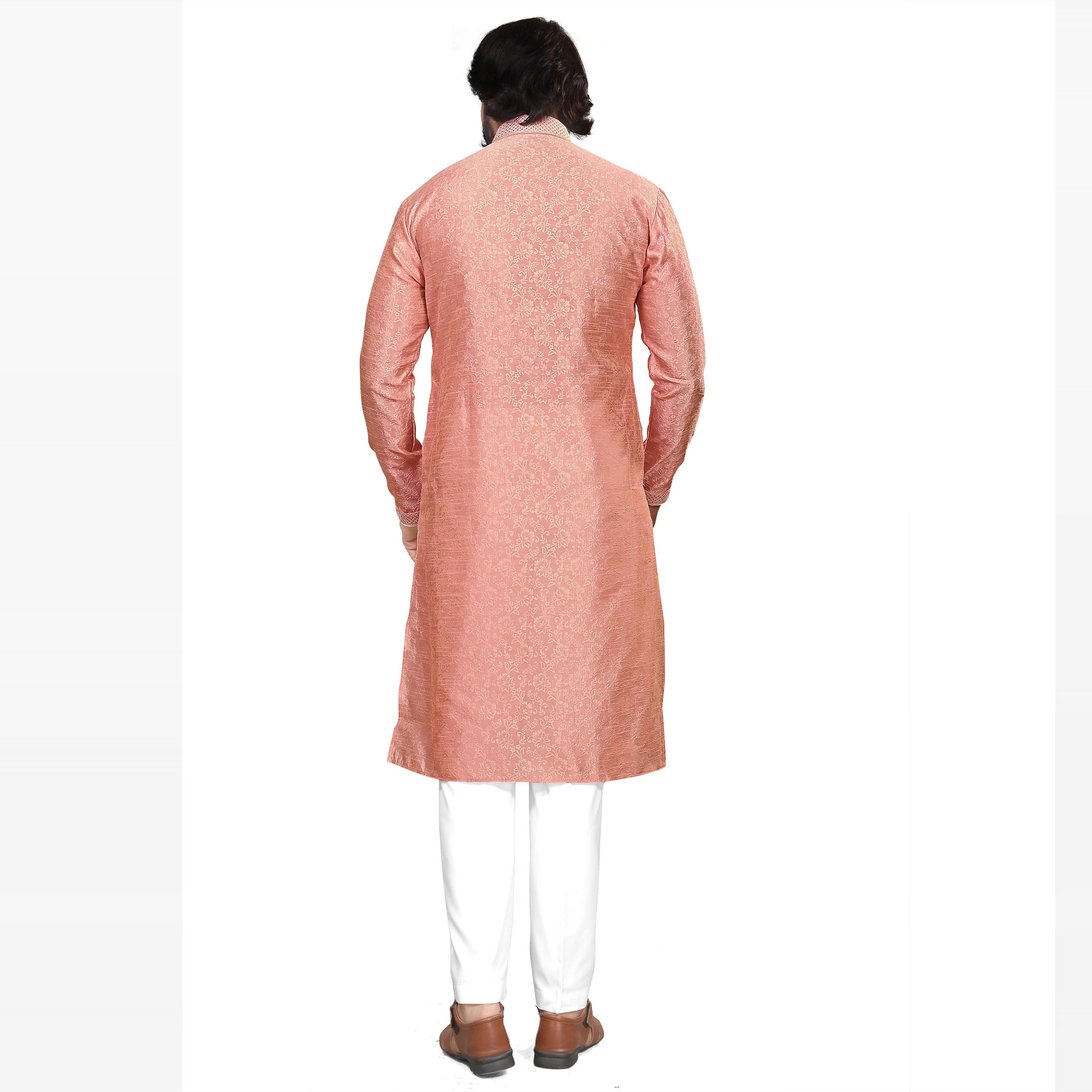 Peach Woven Jacquard Men's Kurta Pyjama Set - Peachmode