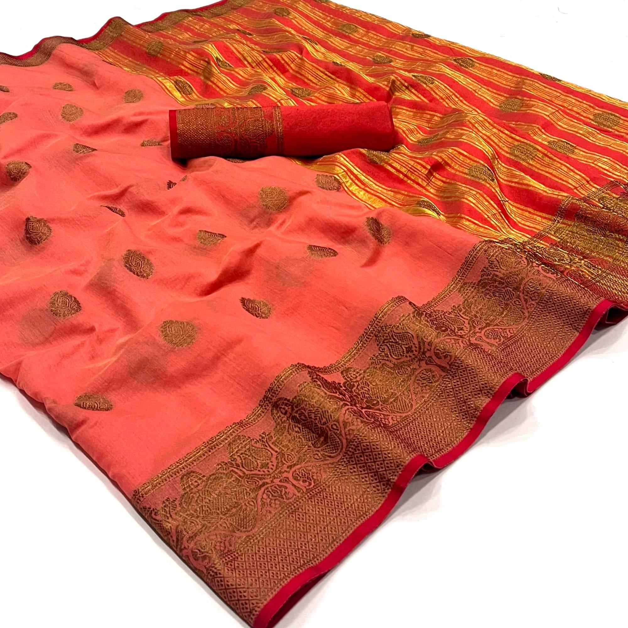 Peach Woven Linen Saree - Peachmode