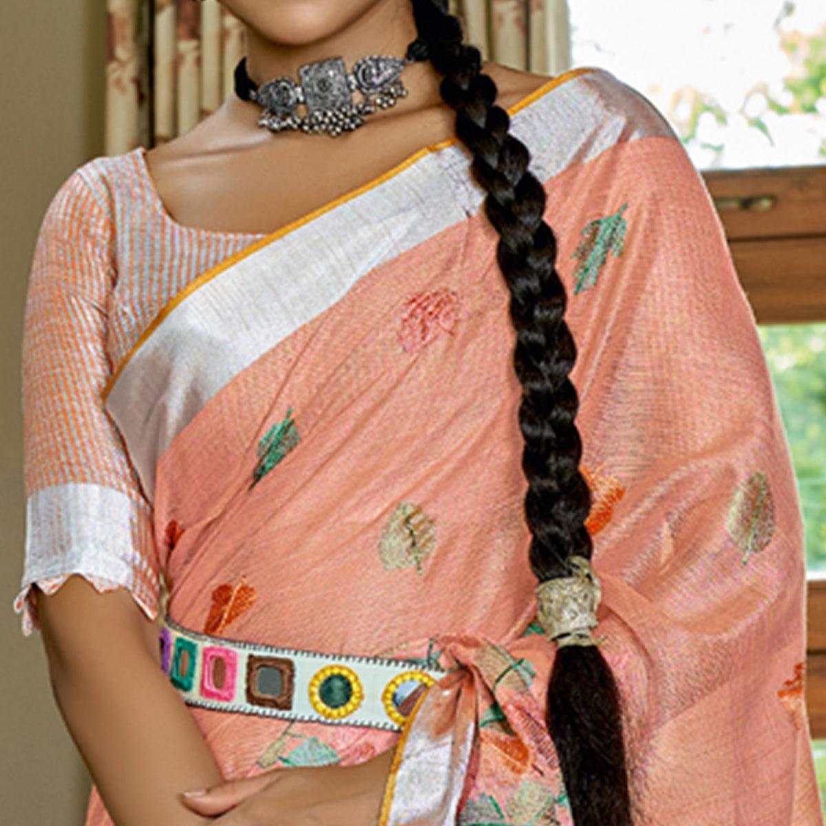 Peach Woven Linen Saree With Tassels - Peachmode