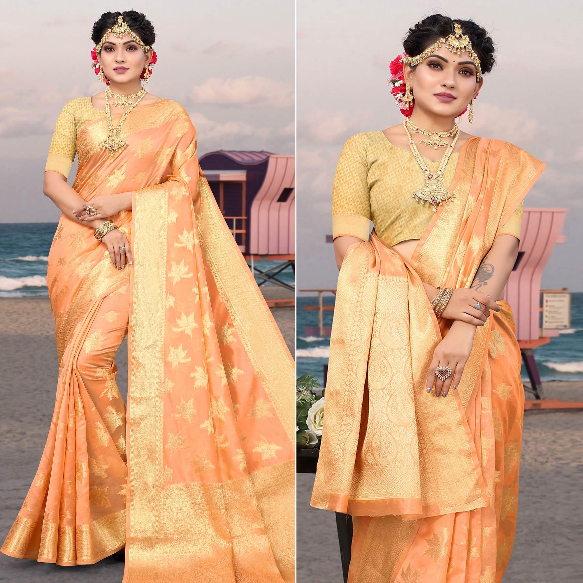 Peach Woven Organza Saree - Peachmode