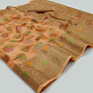 Peach Woven Organza Saree - Peachmode