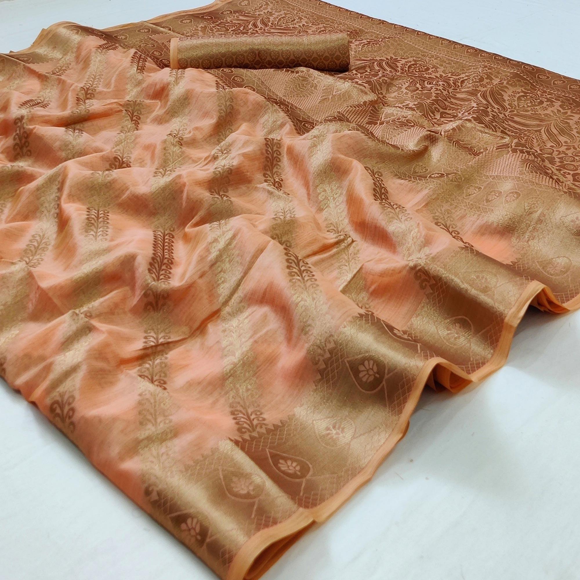 Peach Woven Organza Saree - Peachmode