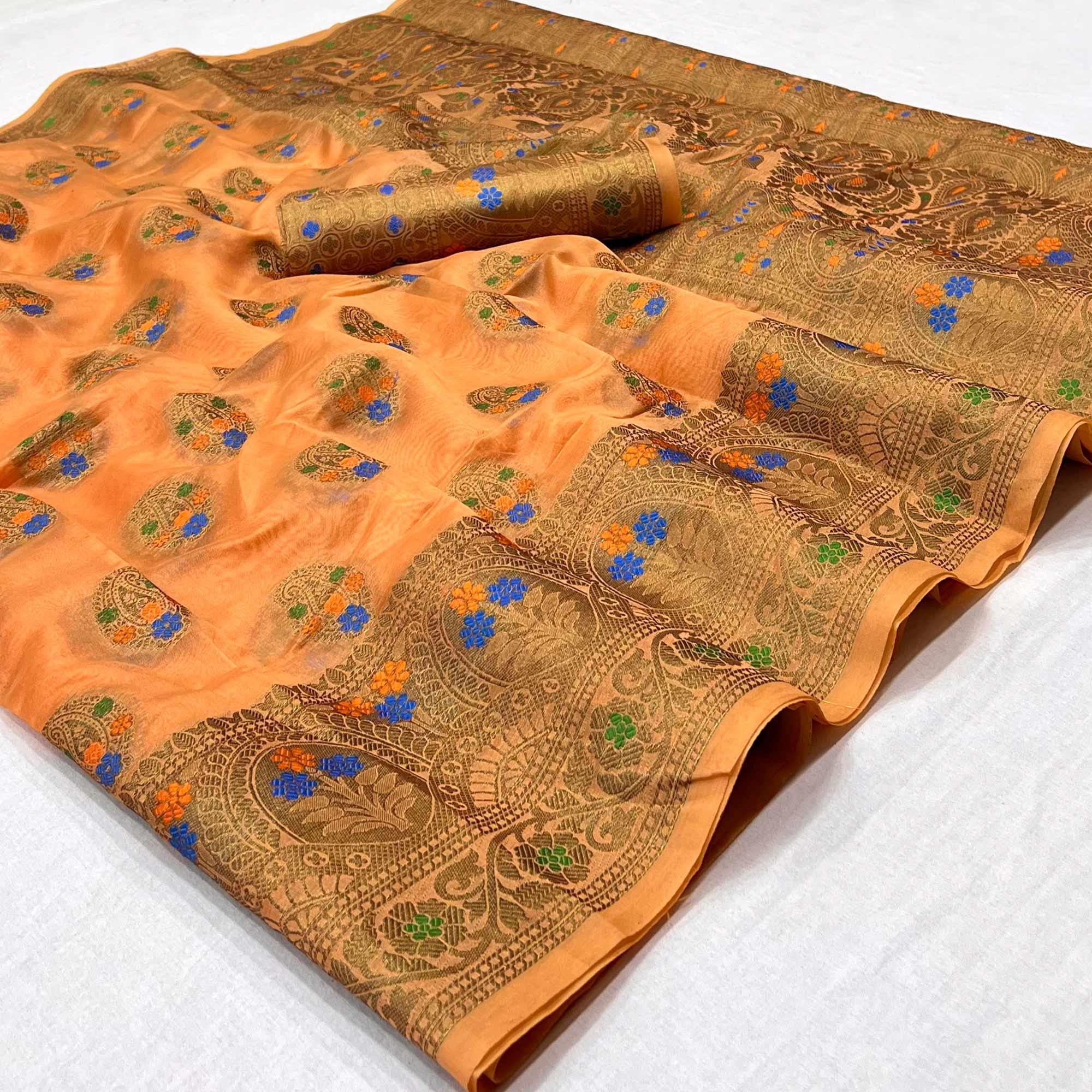 Peach Woven Organza Saree - Peachmode