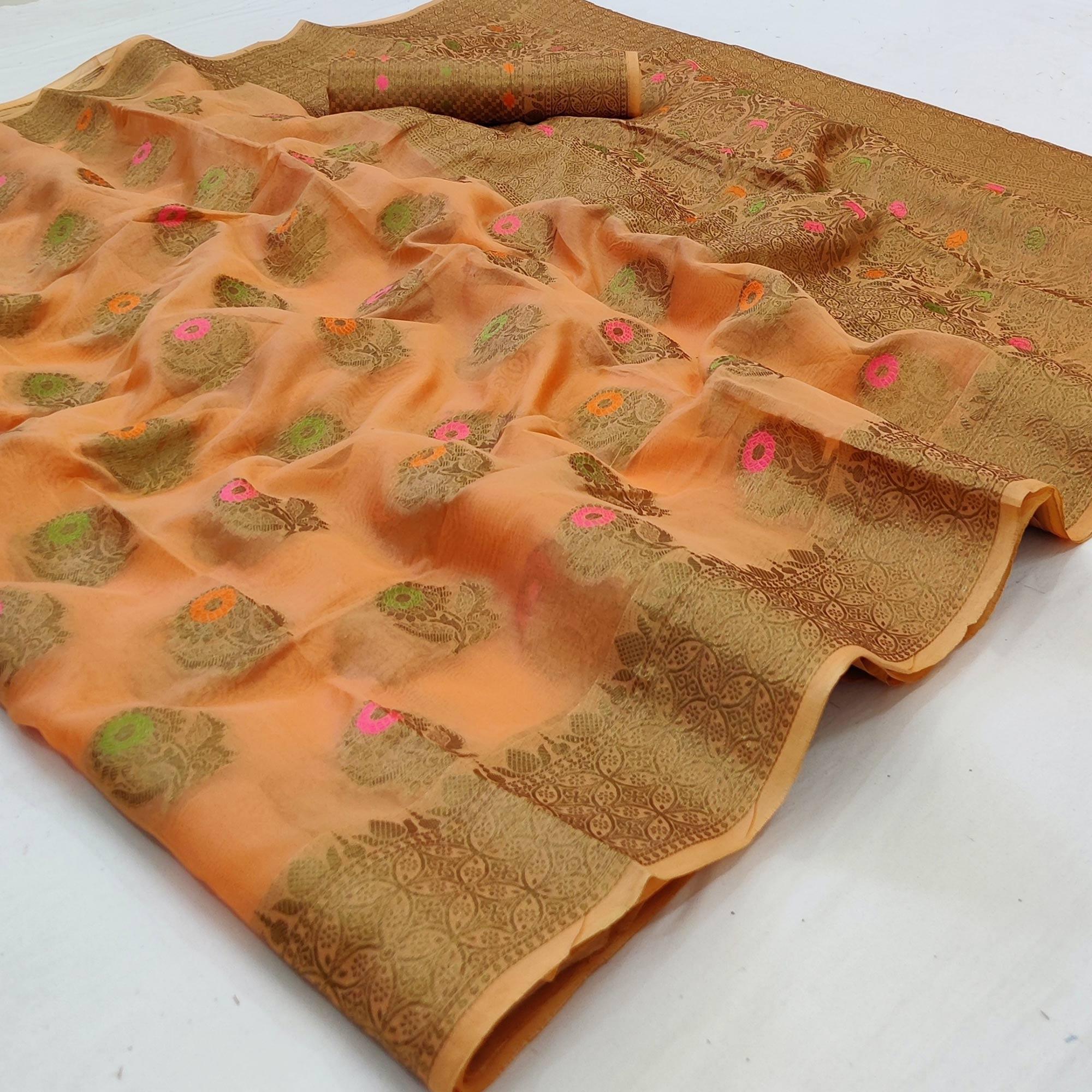 Peach Woven Organza Saree - Peachmode