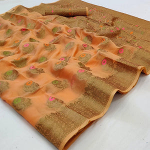 Peach Woven Organza Saree - Peachmode