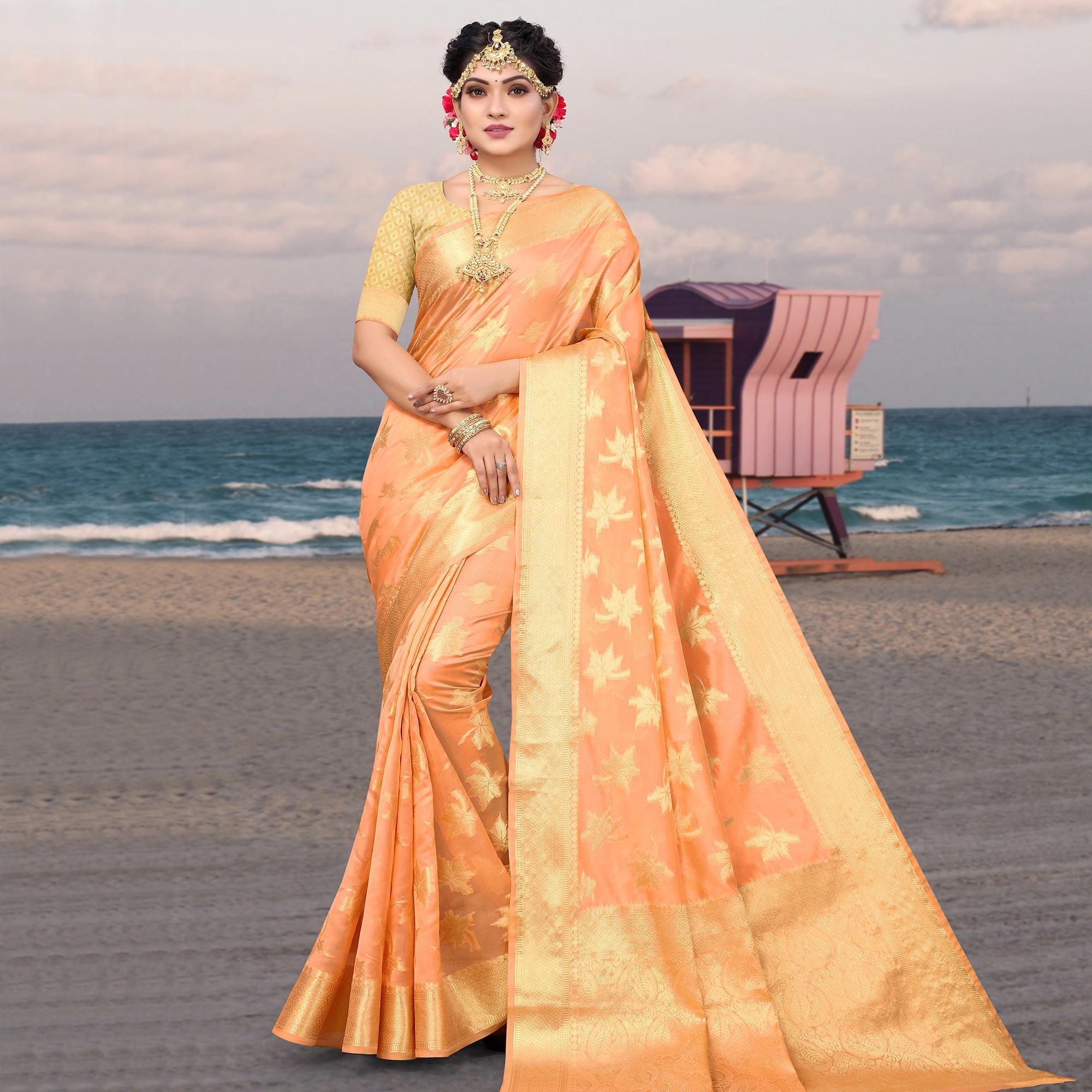 Peach Woven Organza Saree - Peachmode