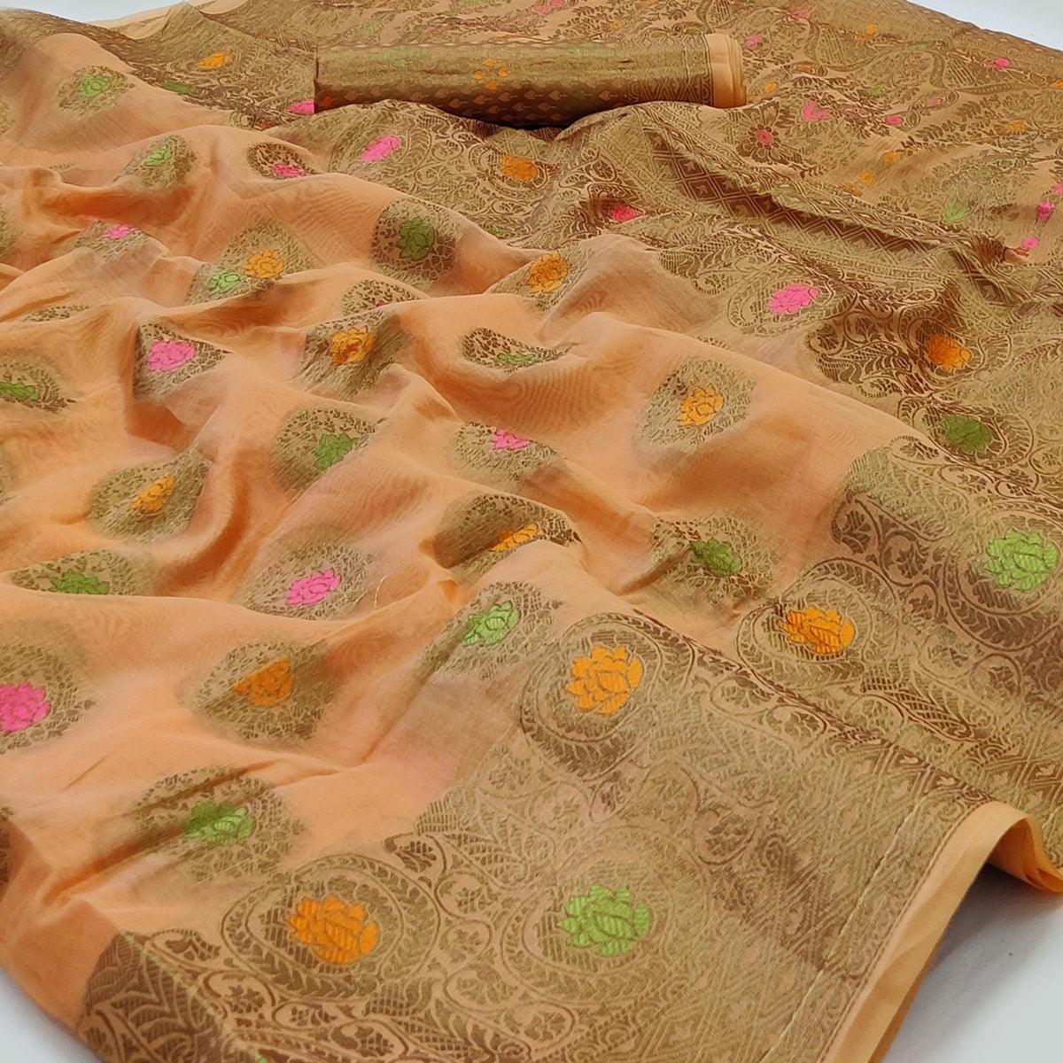 Peach Woven Organza Saree - Peachmode