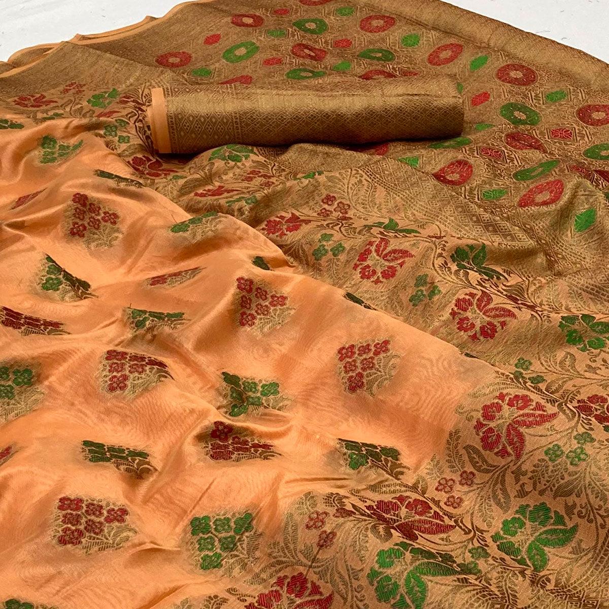 Peach Woven Organza Saree - Peachmode