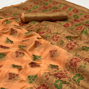 Peach Woven Organza Saree - Peachmode