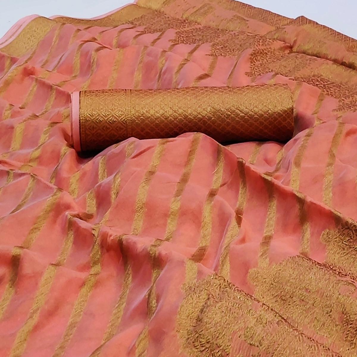 Peach Woven Organza Saree - Peachmode
