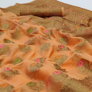 Peach Woven Organza Saree - Peachmode