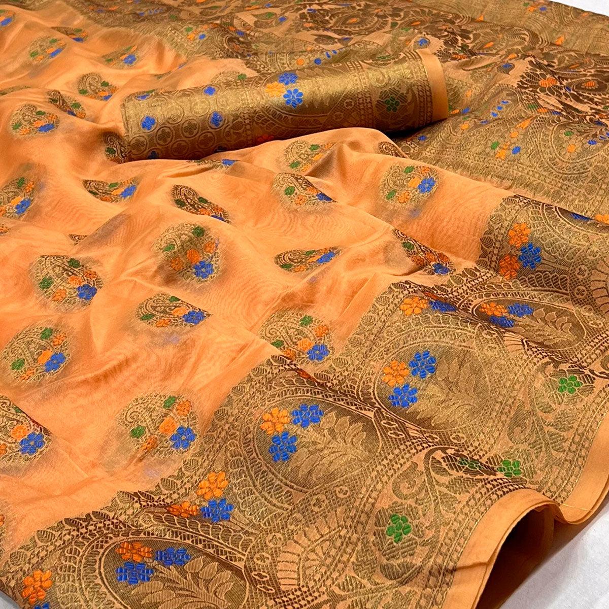 Peach Woven Organza Saree - Peachmode