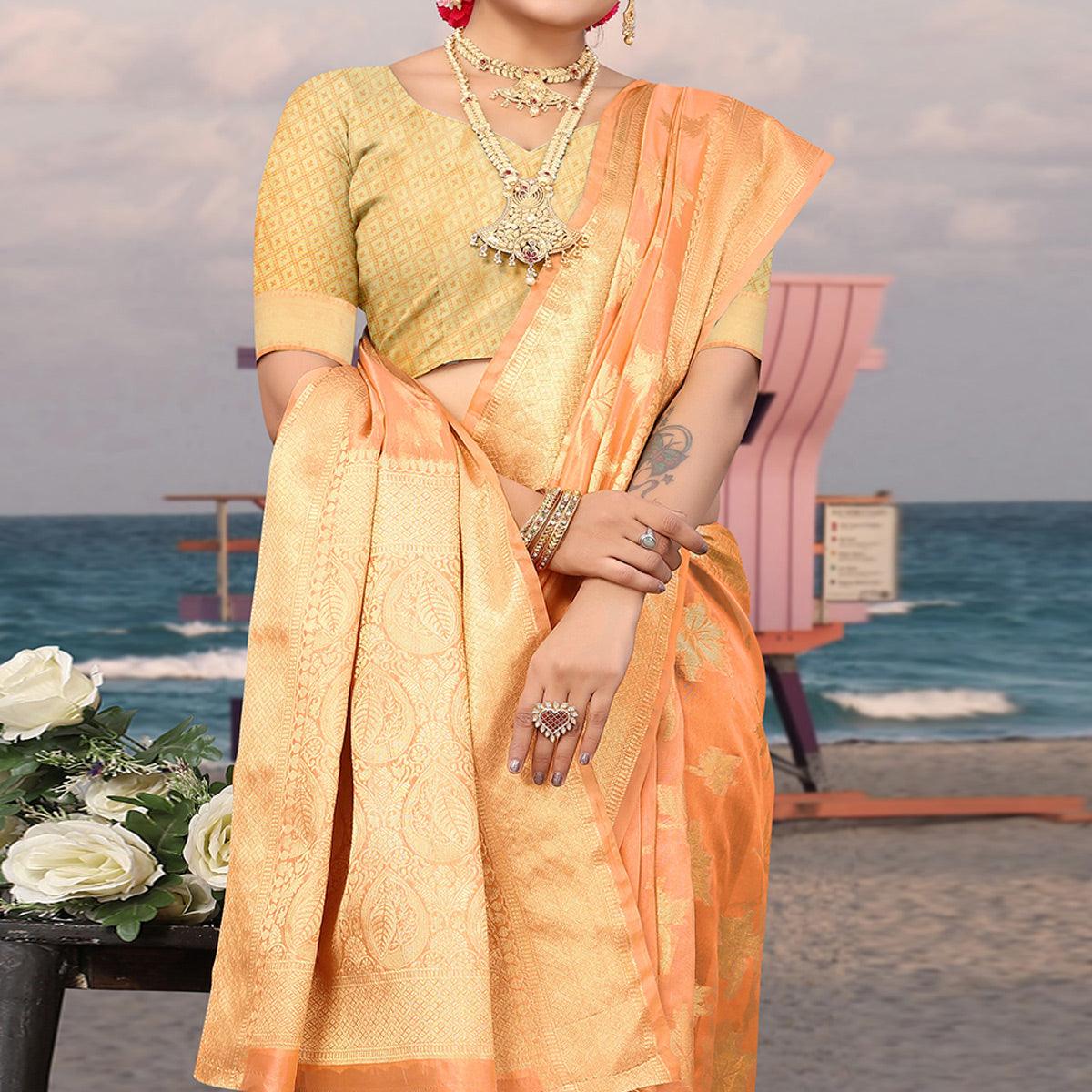 Peach Woven Organza Saree - Peachmode