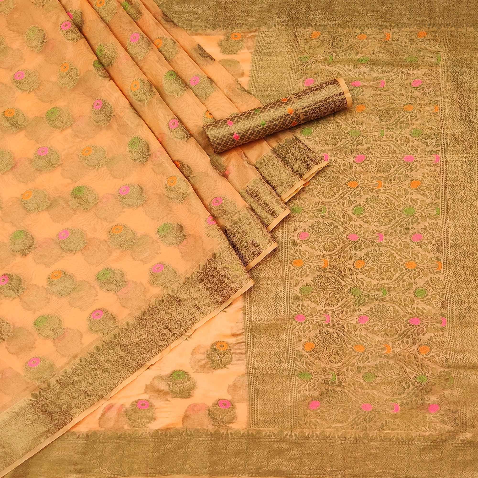 Peach Woven Organza Saree - Peachmode