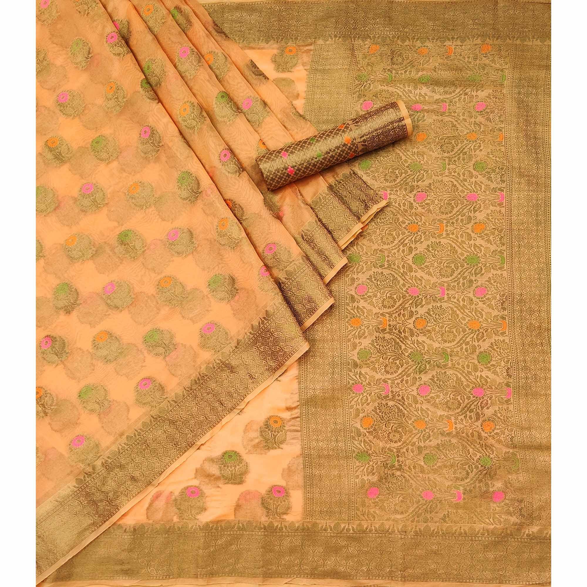 Peach Woven Organza Saree - Peachmode