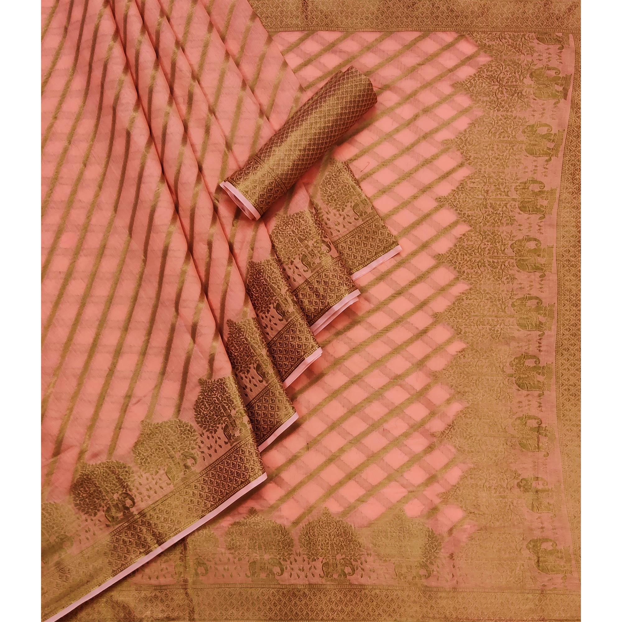 Peach Woven Organza Saree - Peachmode