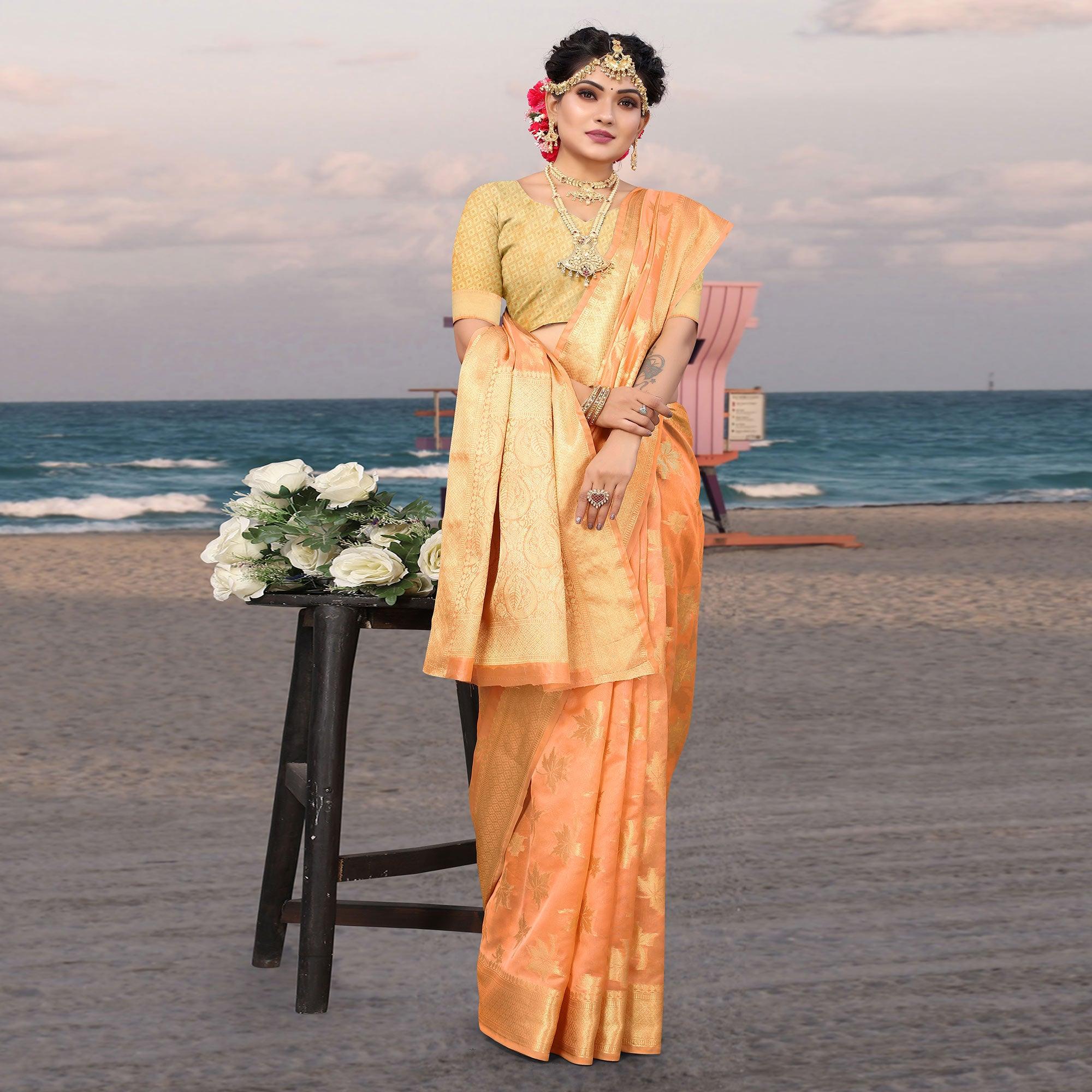 Peach Woven Organza Saree - Peachmode