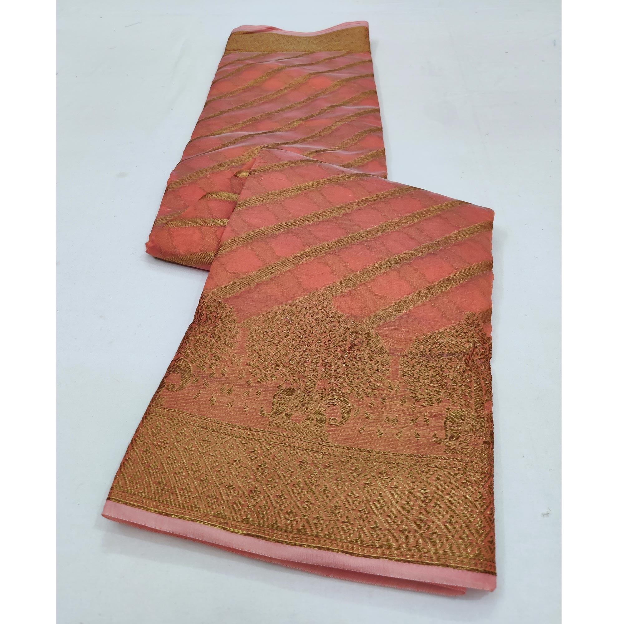 Peach Woven Organza Saree - Peachmode