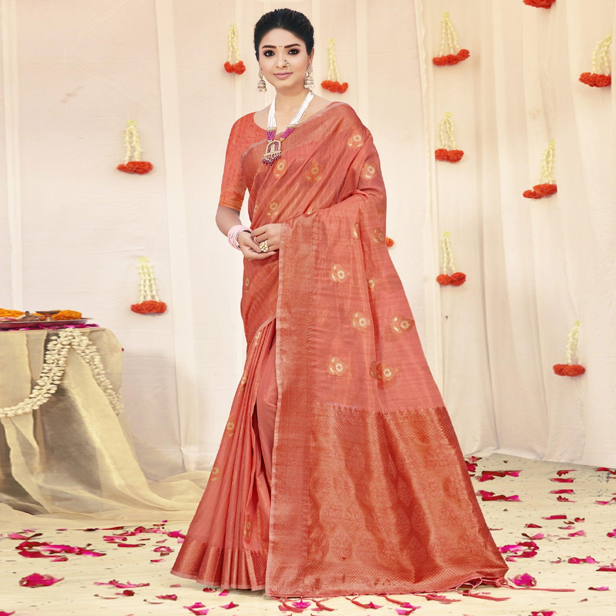 Peach Woven Organza Saree With Tassels - Peachmode