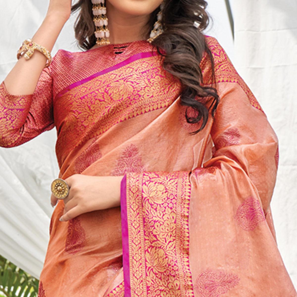 Peach Woven Organza Saree with Tassels - Peachmode