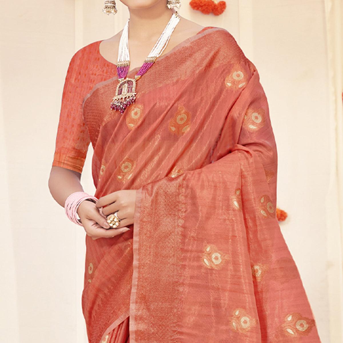 Peach Woven Organza Saree With Tassels - Peachmode