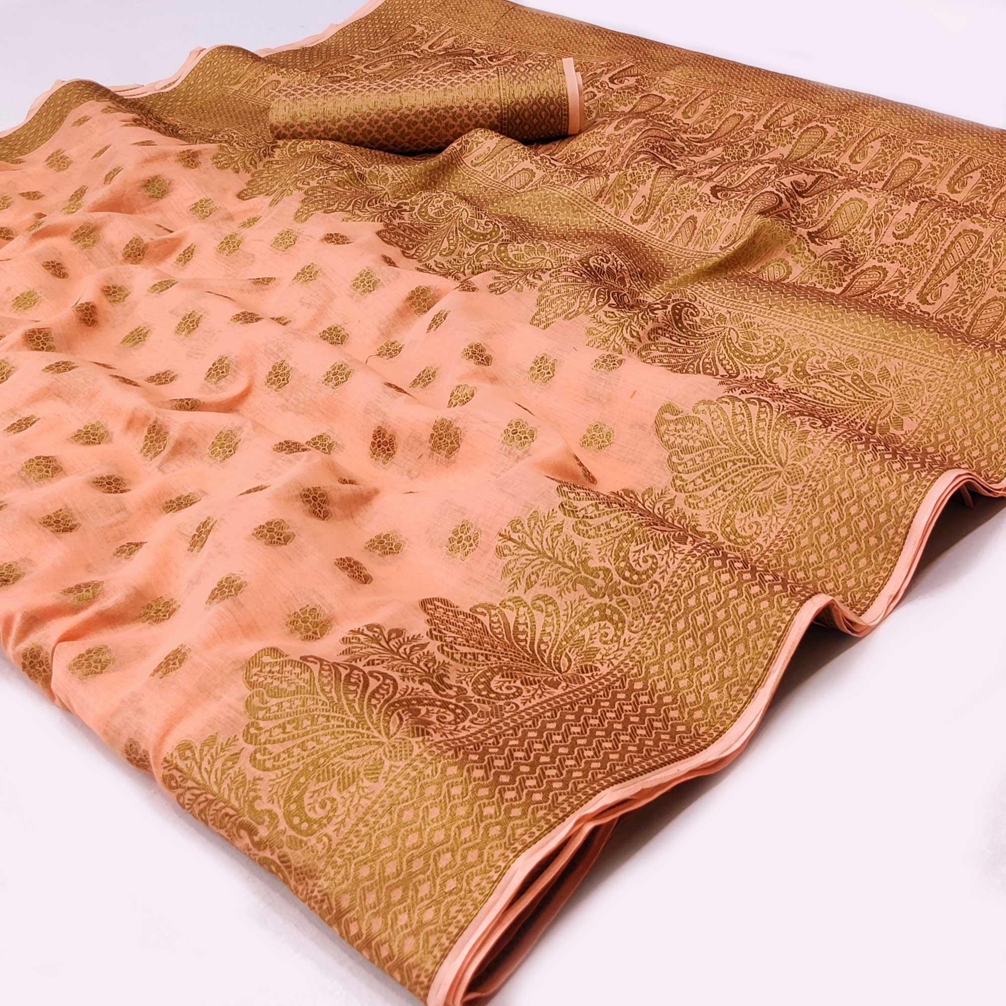 Peach Woven Poly Cotton Saree - Peachmode