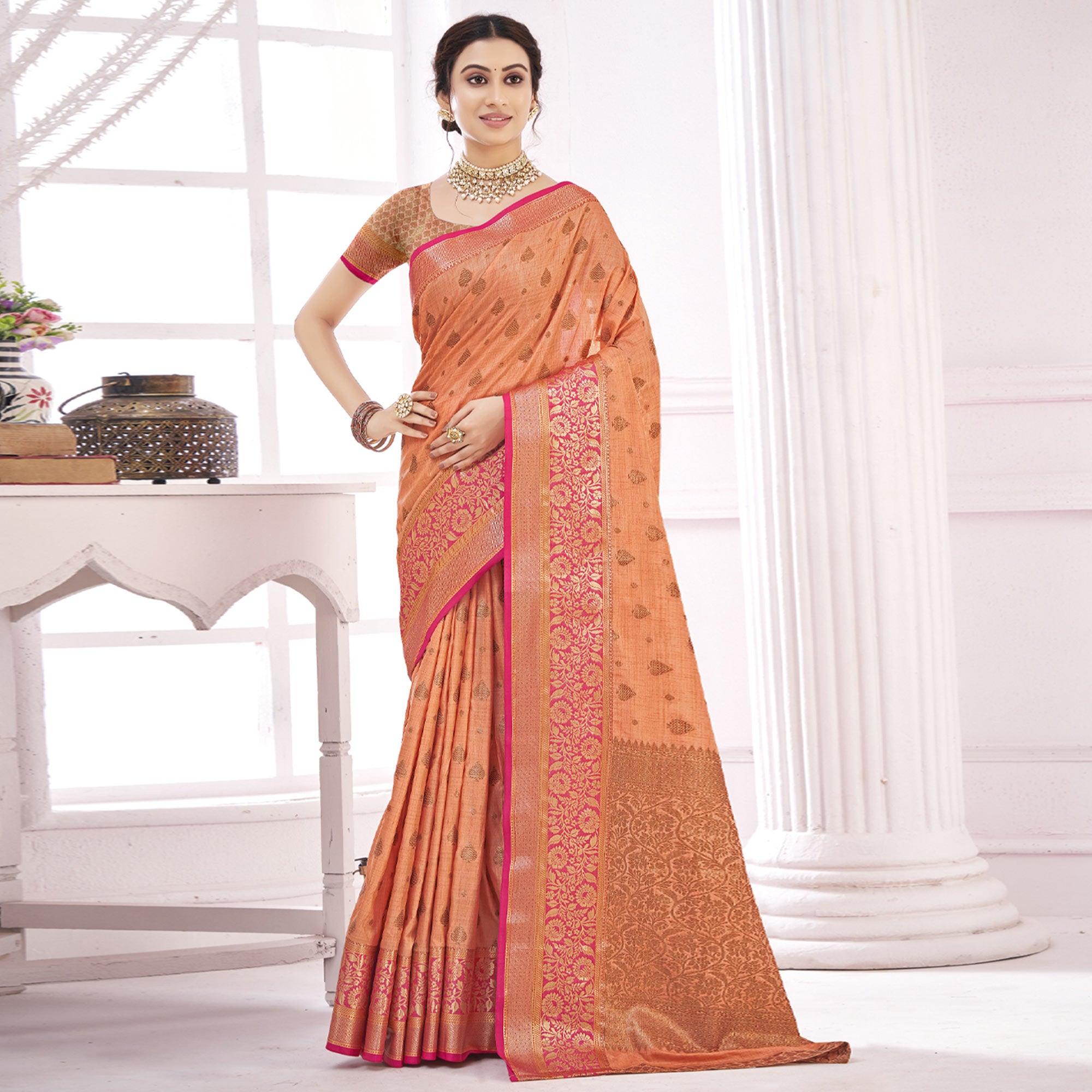 Peach Woven Poly Cotton Saree - Peachmode