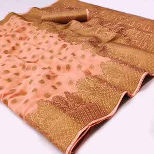 Peach Woven Poly Cotton Saree - Peachmode
