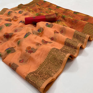 Peach Woven Poly Cotton Saree - Peachmode