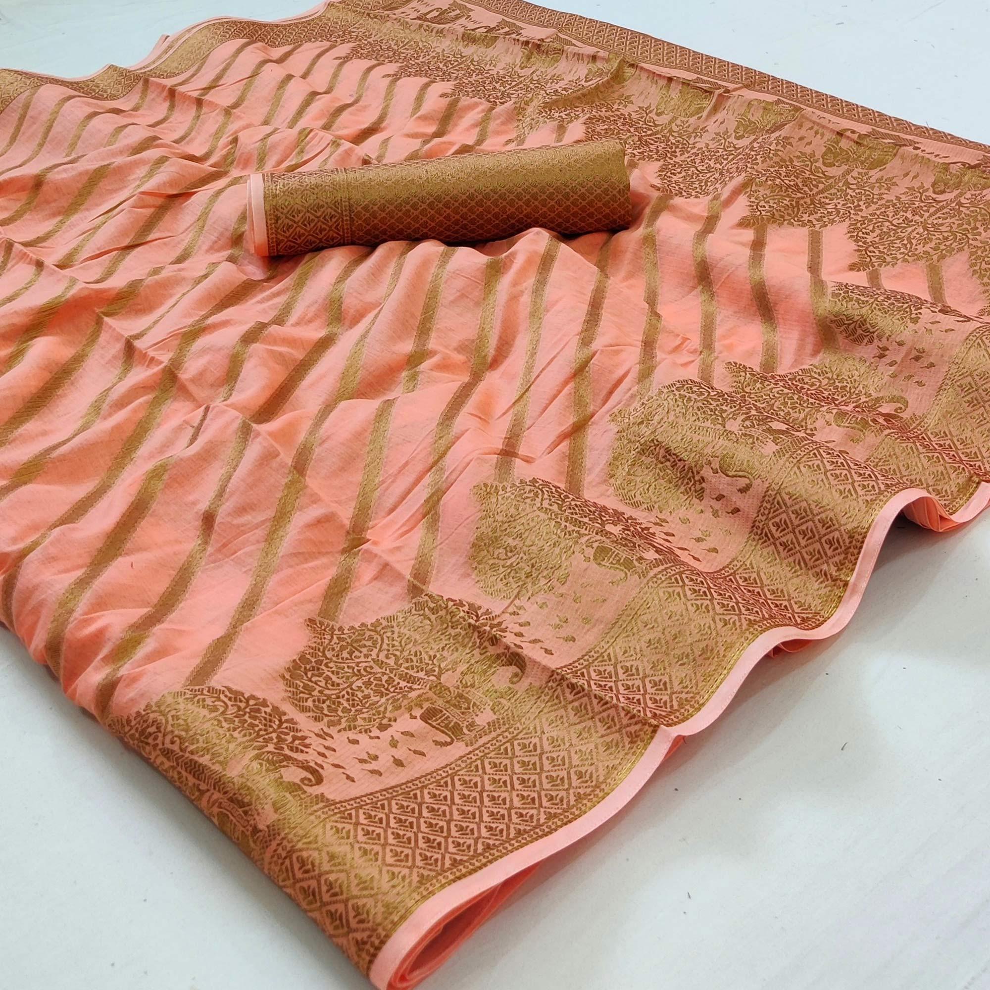Peach Woven Poly Cotton Saree - Peachmode