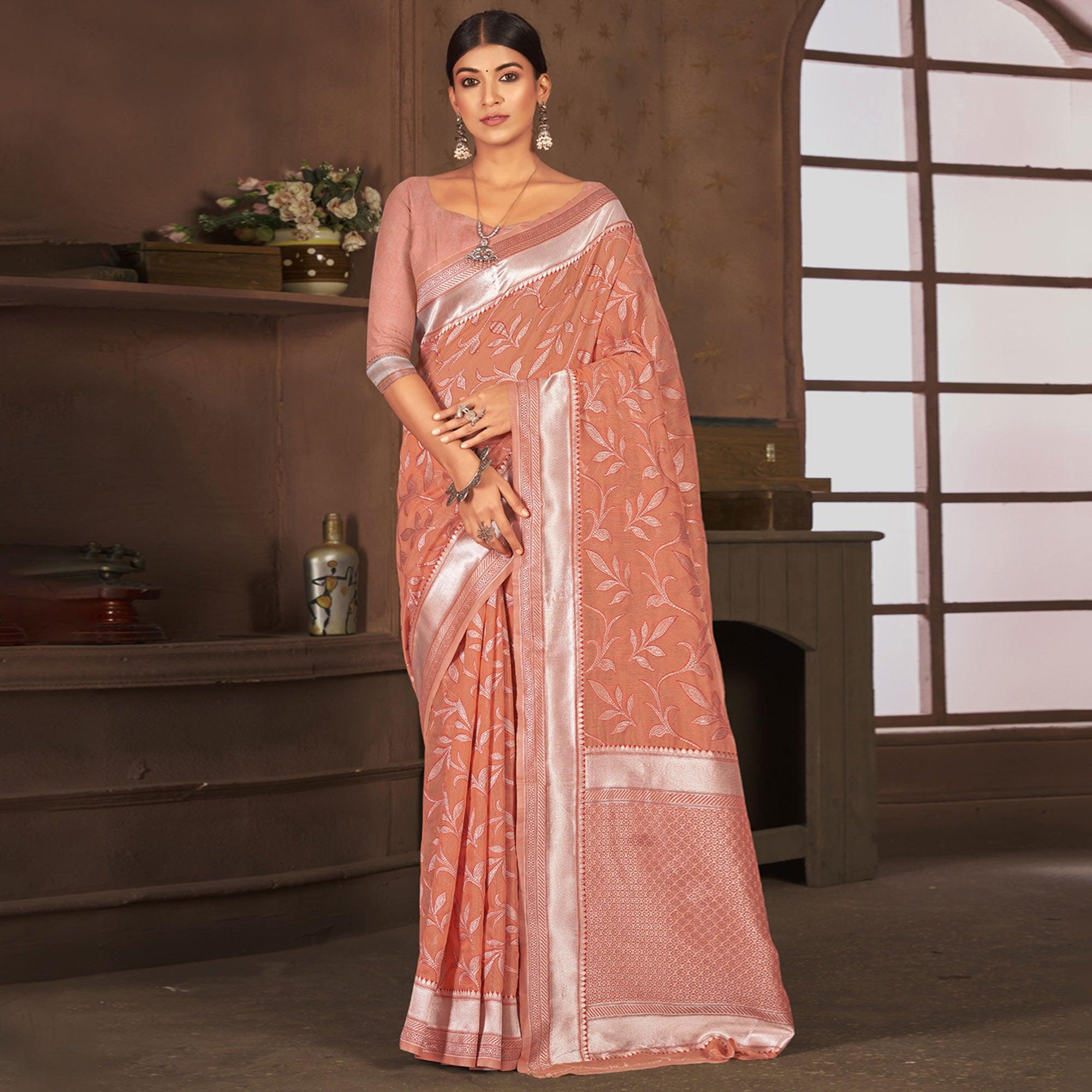 Peach Woven Poly Cotton Saree - Peachmode