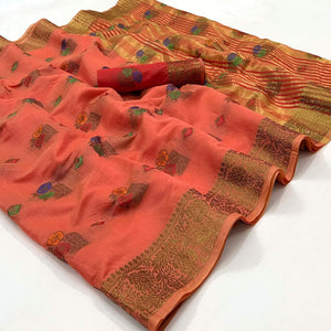 Peach Woven Poly Cotton Saree - Peachmode