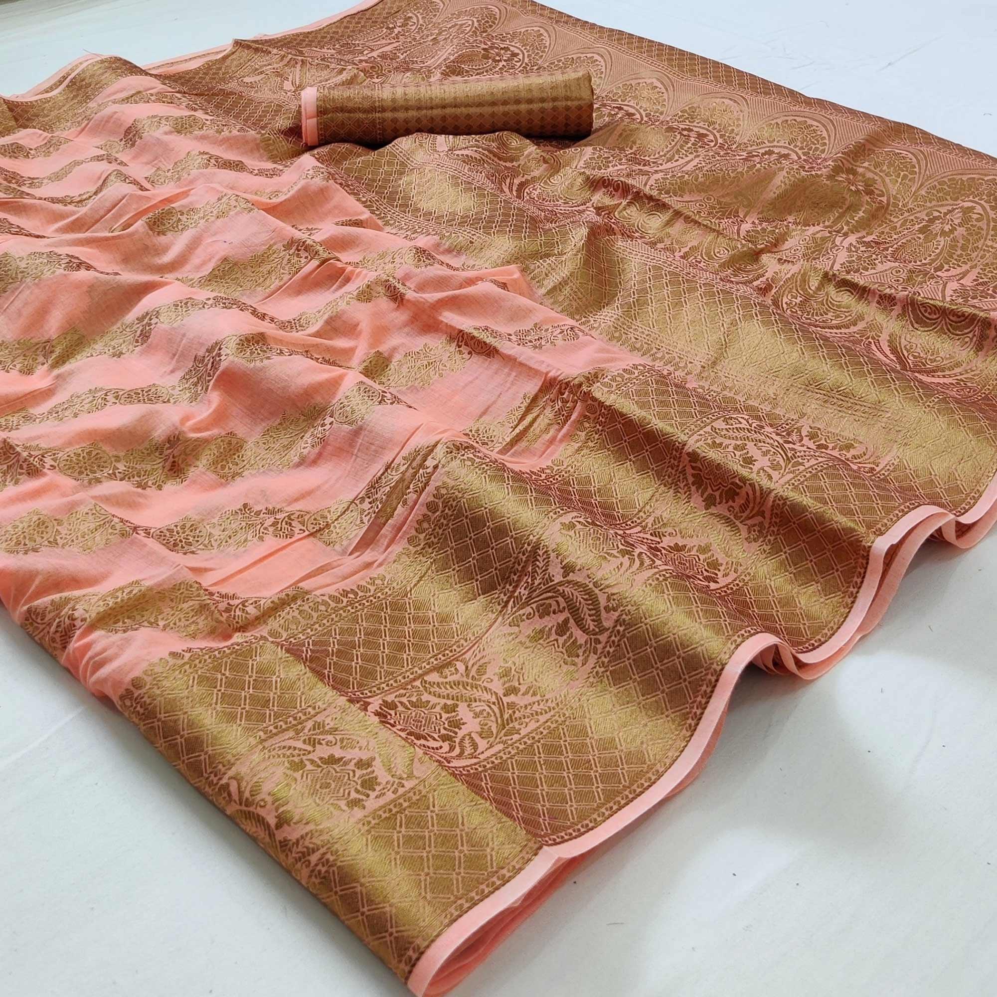 Peach Woven Poly Cotton Saree - Peachmode