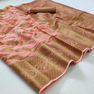 Peach Woven Poly Cotton Saree - Peachmode