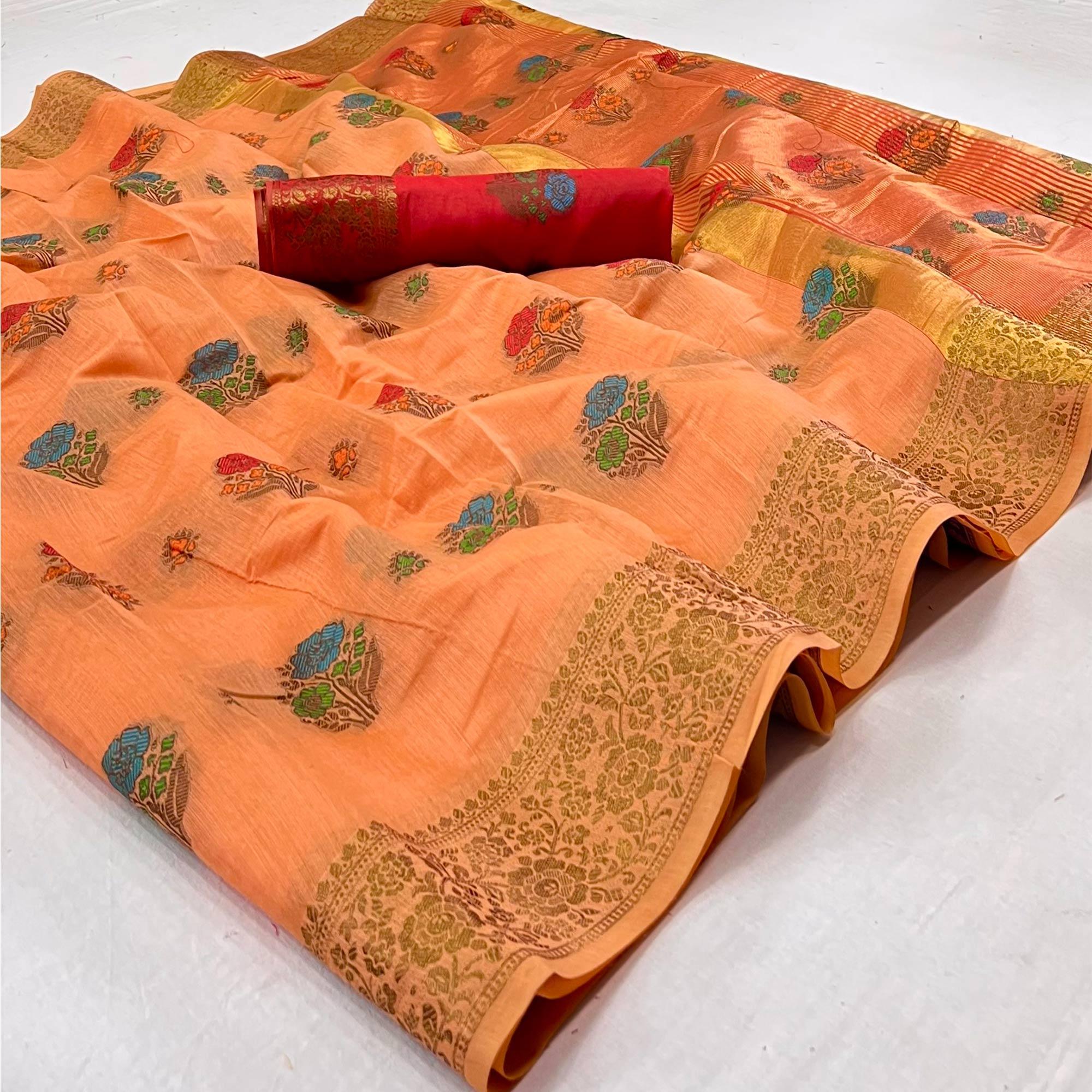 Peach Woven Poly Cotton Saree - Peachmode