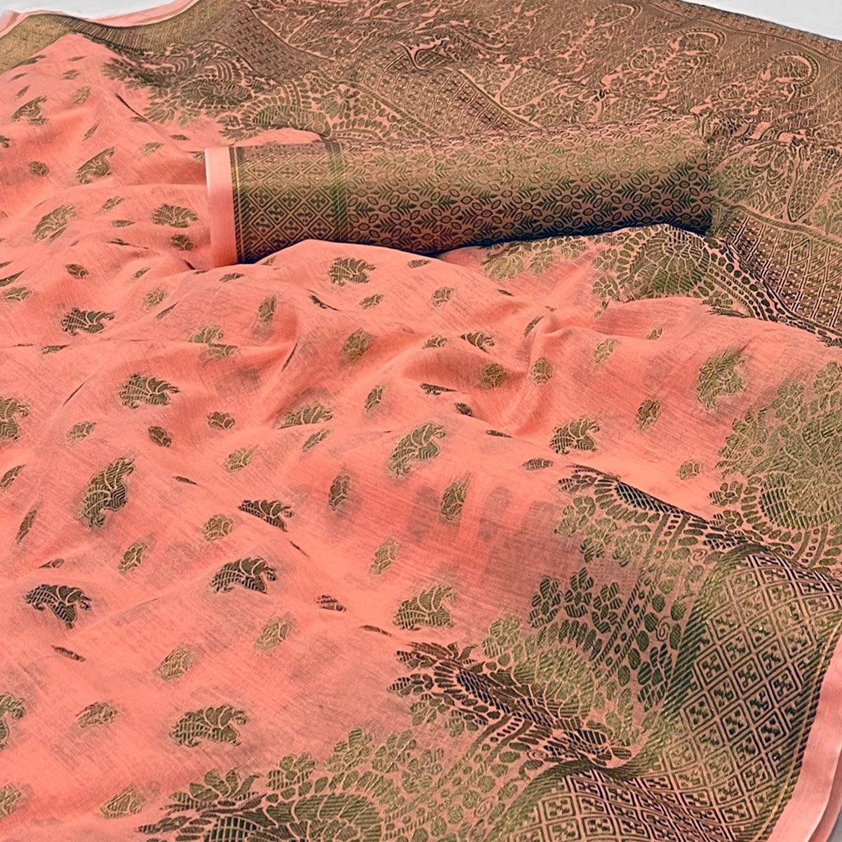 Peach Woven Poly Cotton Saree - Peachmode