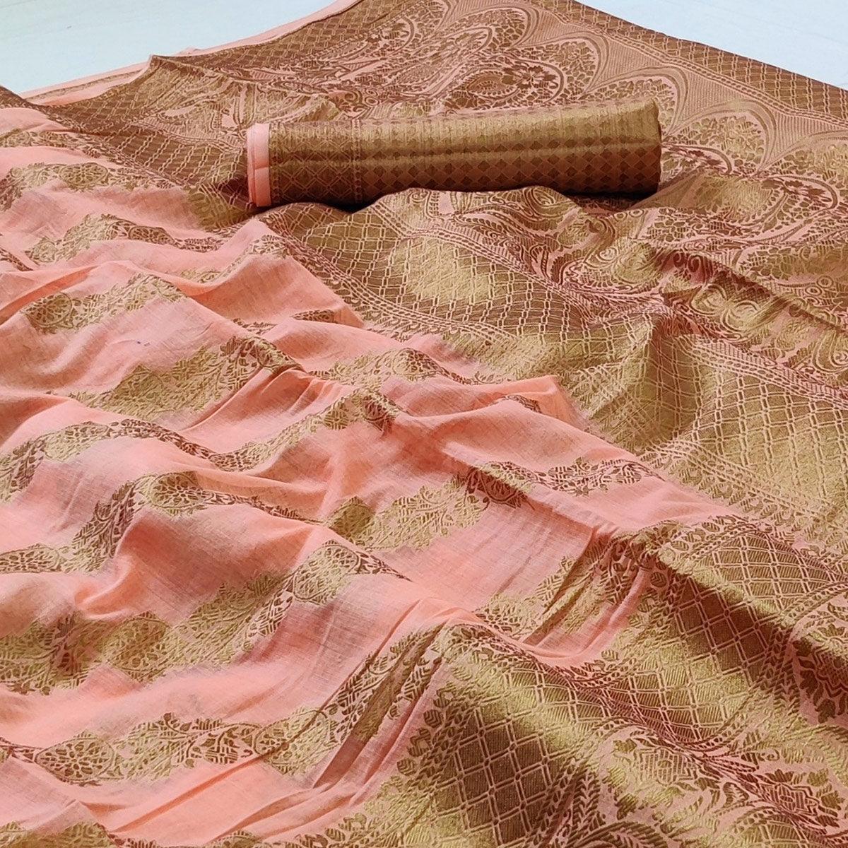Peach Woven Poly Cotton Saree - Peachmode