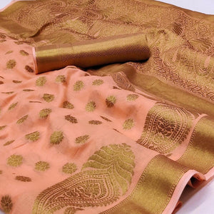 Peach Woven Poly Cotton Saree - Peachmode