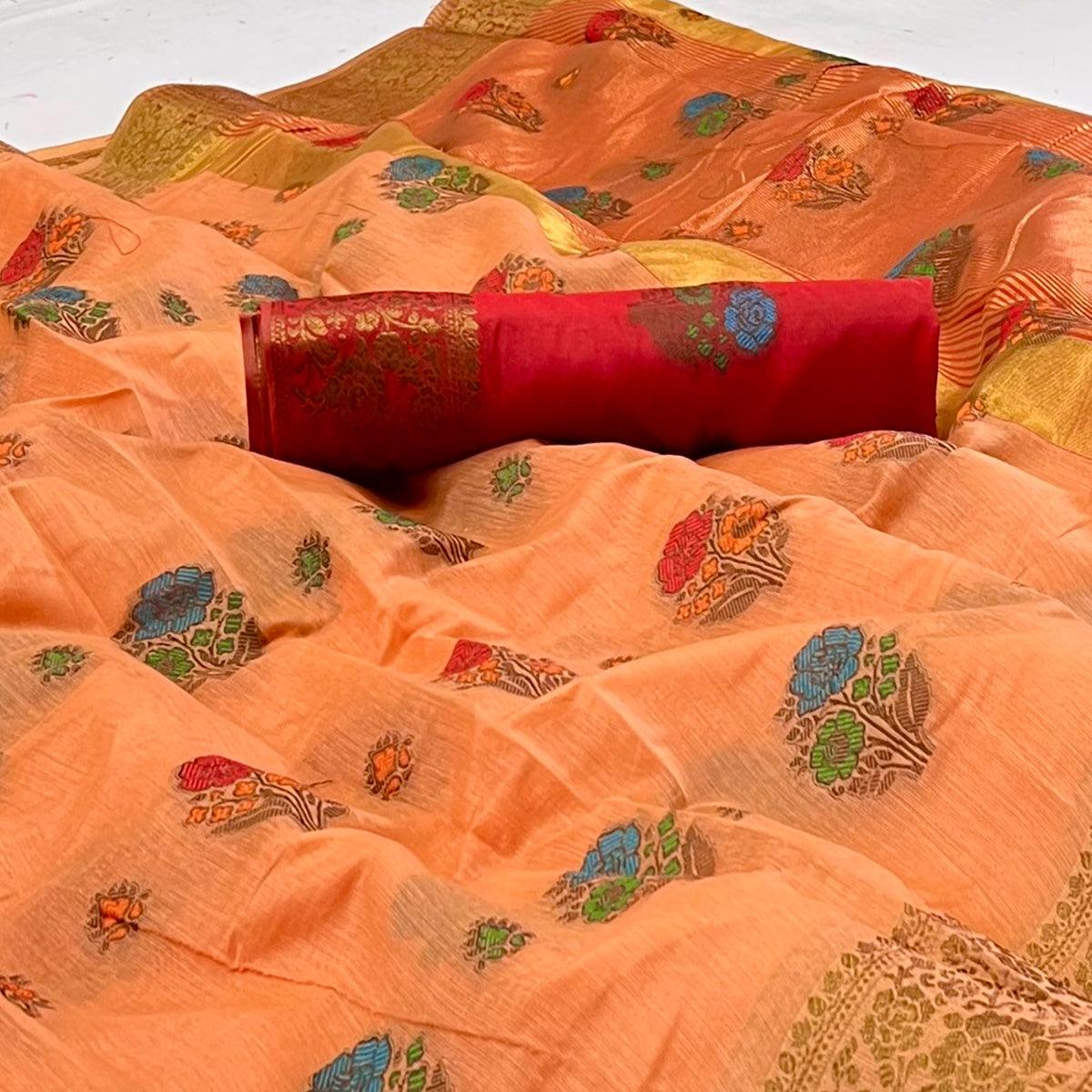 Peach Woven Poly Cotton Saree - Peachmode