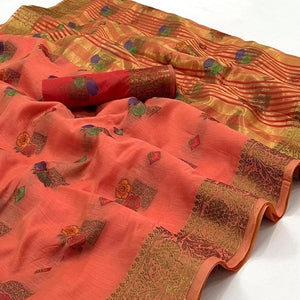 Peach Woven Poly Cotton Saree - Peachmode