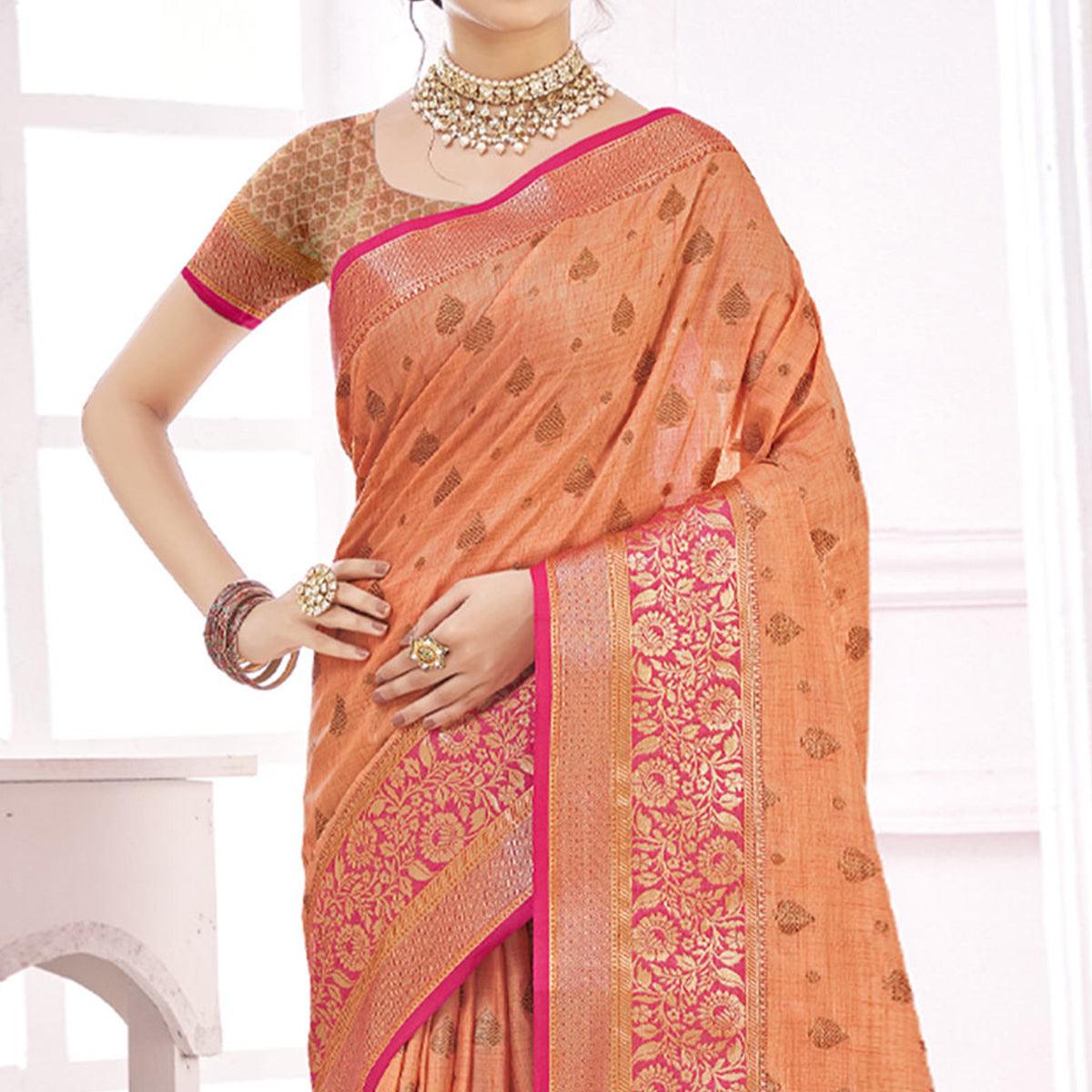 Peach Woven Poly Cotton Saree - Peachmode