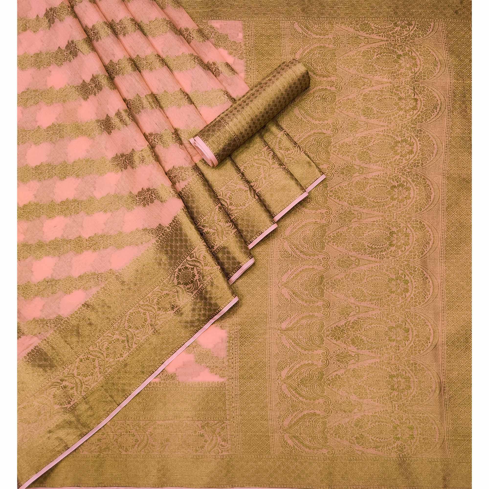 Peach Woven Poly Cotton Saree - Peachmode