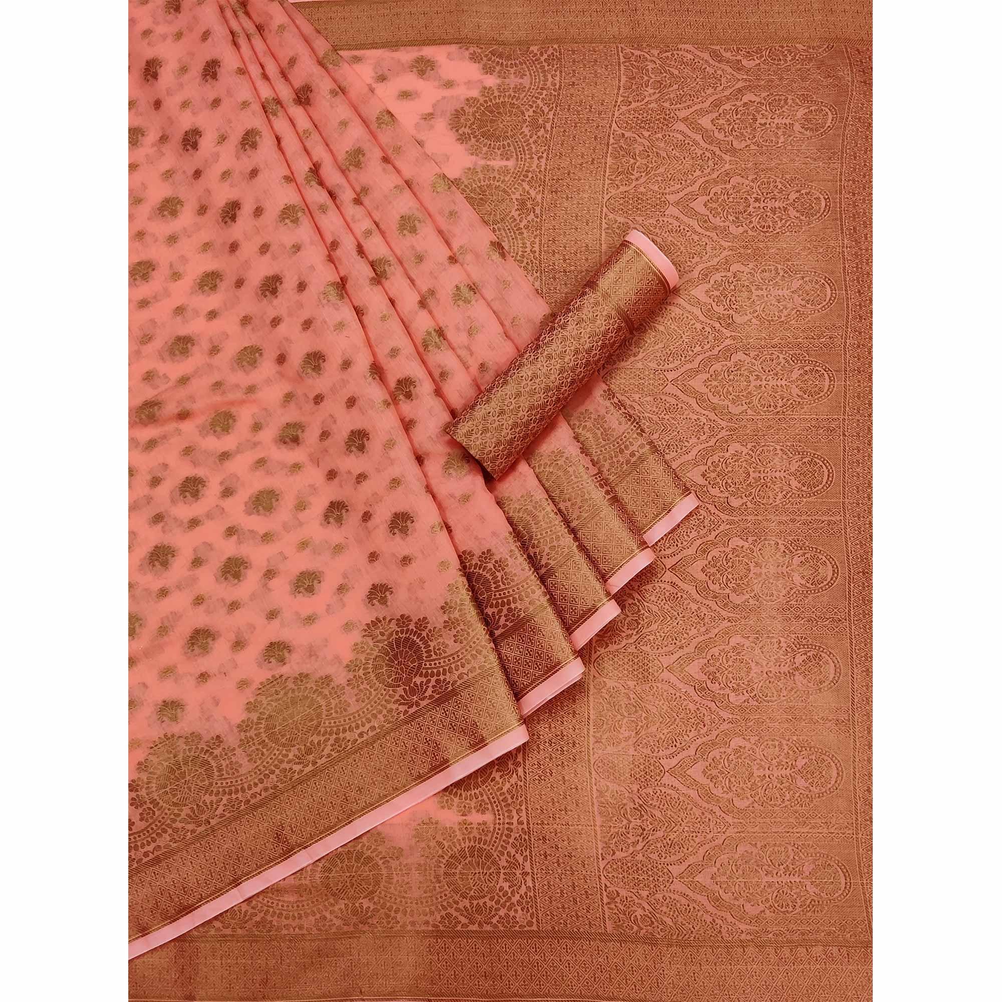 Peach Woven Poly Cotton Saree - Peachmode