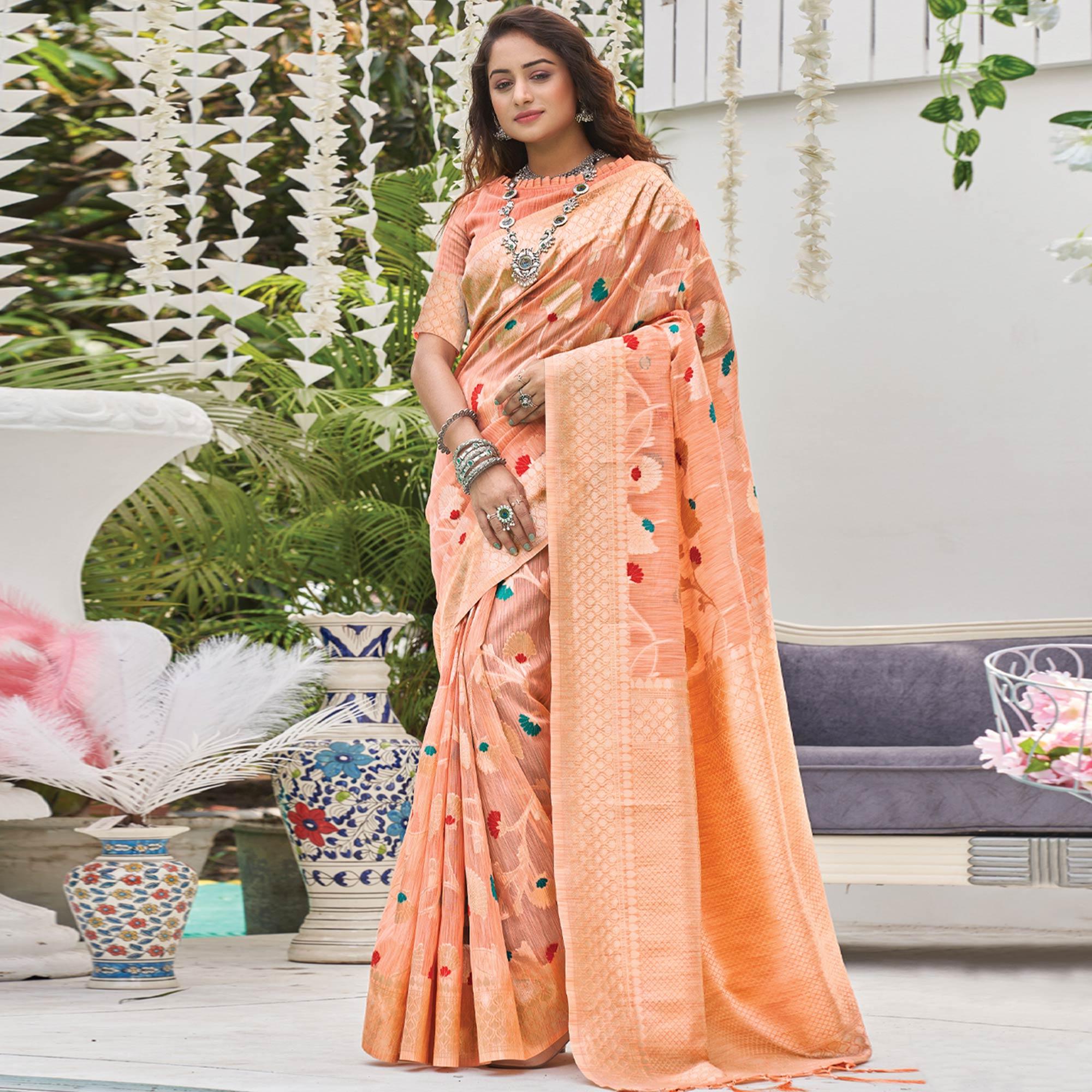 Peach Woven Poly Cotton Saree With Tassels - Peachmode