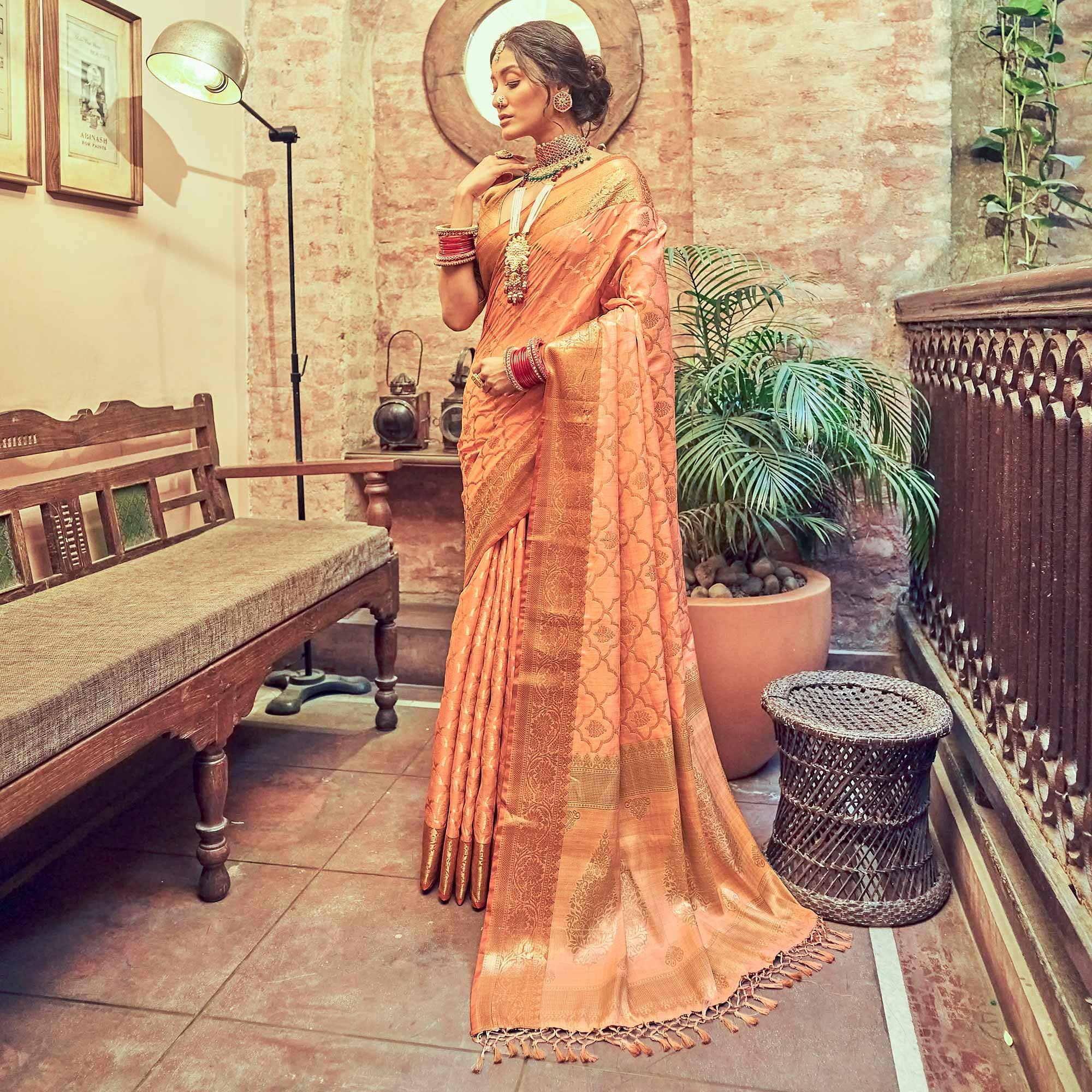 Peach Woven Pure Silk Saree With Tassels - Peachmode