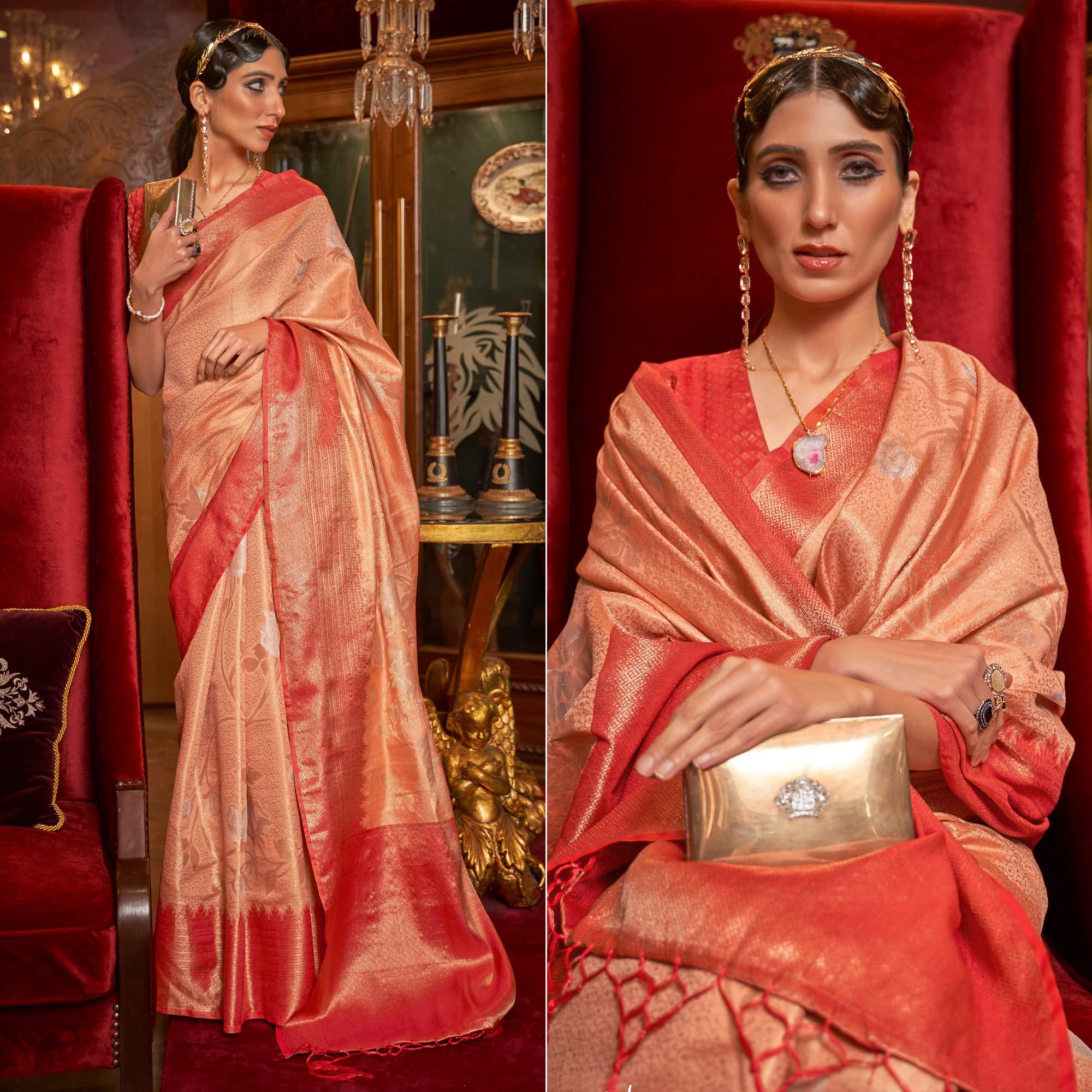 Peach Woven Pure Silk Saree With Tassels - Peachmode